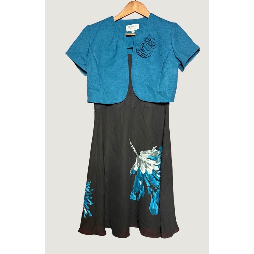 Studio I Petite Coord Set Women 6P Blue Black Floral Bolero 2pc Ensemble